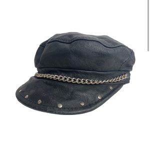 Vintage 90s Leather Biker Cap Silver Chain Adjustable OSFM Studs Black Made USA